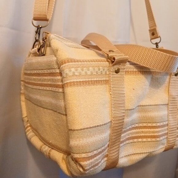 New Canvas Upholstery Mini Duffle Travel Bag Tan Sage embroidered Shoulder Cross - Picture 6 of 13